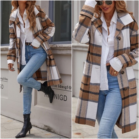 Cozy Camel Tan Plaid Button up Long Jacket Shacket - Picture 3 of 3
